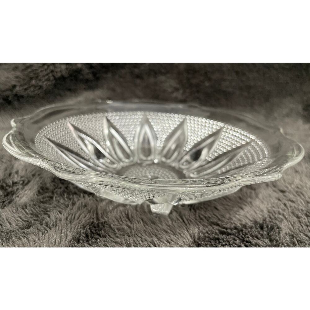 Vtg. Hobnail Footed Tear Drop Sunflower Clear Glass Dish